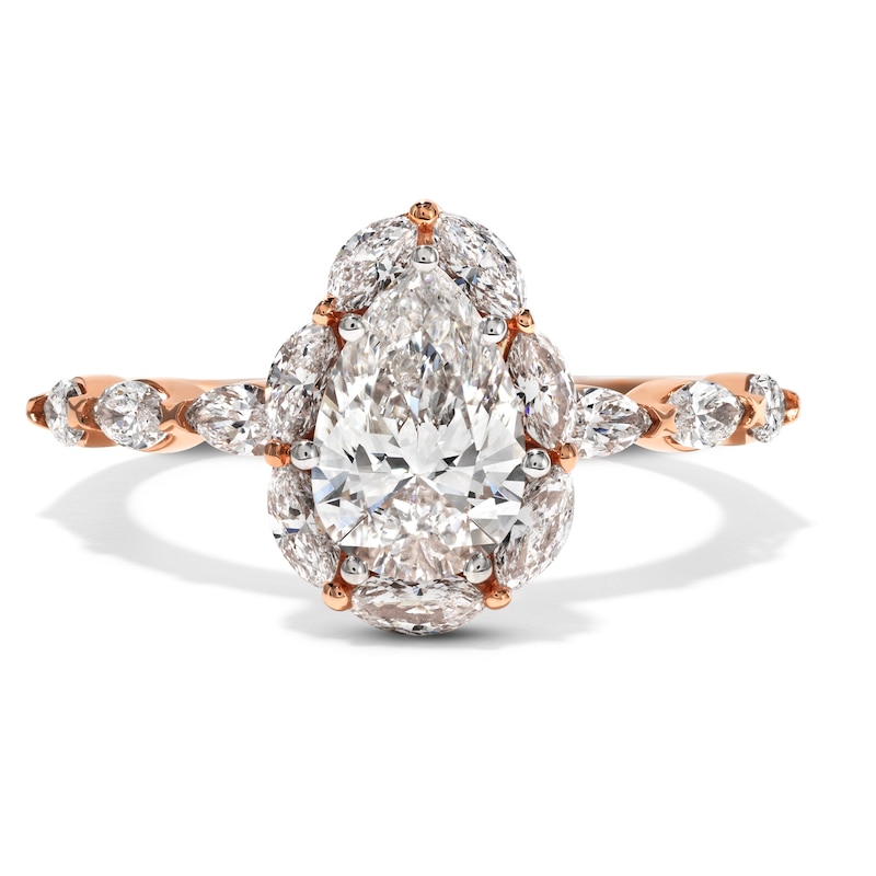 Main Image 1 of 1-3/4 CT. T.W. Pear-Shaped Certified Lab-Grown Diamond Frame Engagement Ring in 14K Rose Gold (F/VS2)