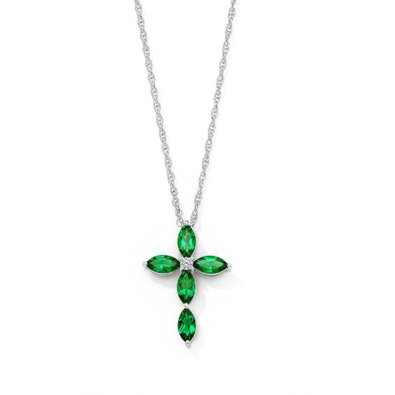 Marquise-Cut Lab-Created Emerald and Lab-Grown Diamond Accent Cross Necklace in Sterling Silver