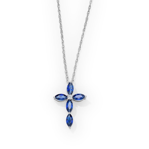 Marquise-Cut Blue Lab-Created Sapphire and Lab-Grown Diamond Accent Cross Necklace in Sterling Silver