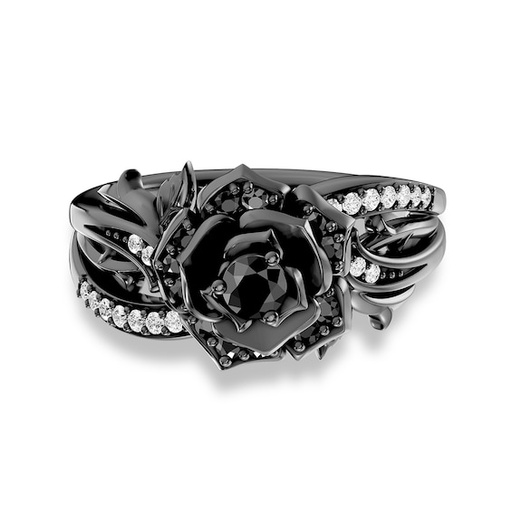 Enchanted Disney Villains Maleficent Onyx and 1/15 CT. T.W. Lab-Grown Diamond Rose Ring in Sterling Silver
