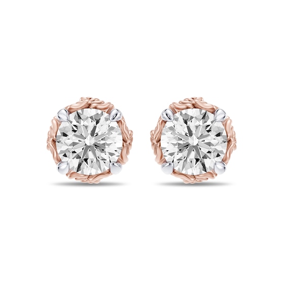 Enchanted Disney Belle 1 CT. T.W. Lab-Grown Diamond Rose Solitaire Earrings in Sterling Silver and 14K Rose Gold Plate (F/VS2)