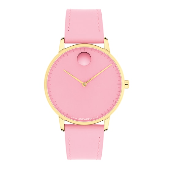 Ladies' Movado Bold® Face Gold-Tone Stainless Steel Watch with Pink Dial and Leather Strap (Model: 3640154)