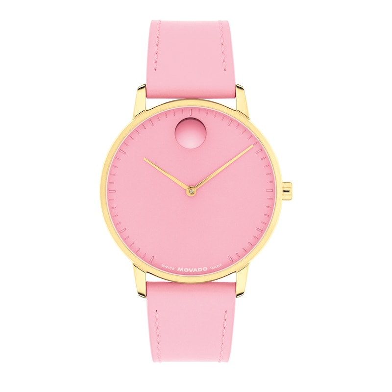 Main Image 1 of Ladies' Movado BOLD® Face Gold-Tone Stainless Steel Watch with Pink Dial and Leather Strap (Model: 3640154)