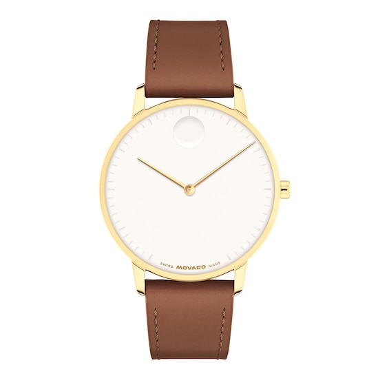Men's Movado Bold® Face Gold-Tone Stainless Steel Watch with White Dial and Brown Leather Strap (Model: 3640155)