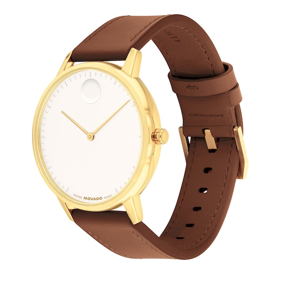 Men's Movado Bold® Face Gold-Tone Stainless Steel Watch with White Dial and Brown Leather Strap (Model: 3640155)
