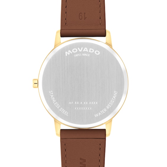 Men's Movado Bold® Face Gold-Tone Stainless Steel Watch with White Dial and Brown Leather Strap (Model: 3640155)
