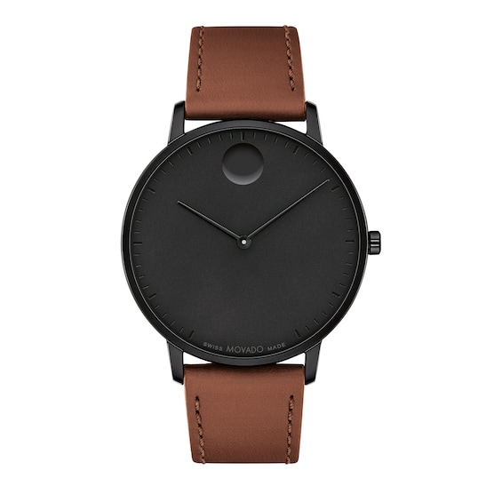Men's Movado Bold® Face Black IP Stainless Steel Watch with Black Dial and Brown Leather Strap (Model: 3640112)