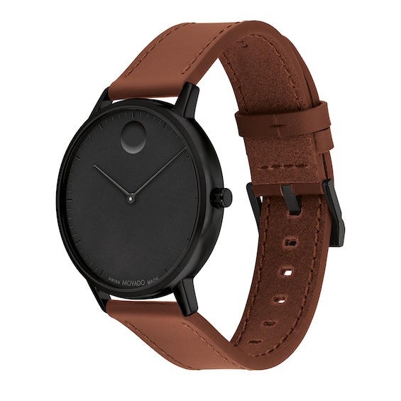 Men's Movado Bold® Face Black IP Stainless Steel Watch with Black Dial and Brown Leather Strap (Model: 3640112)