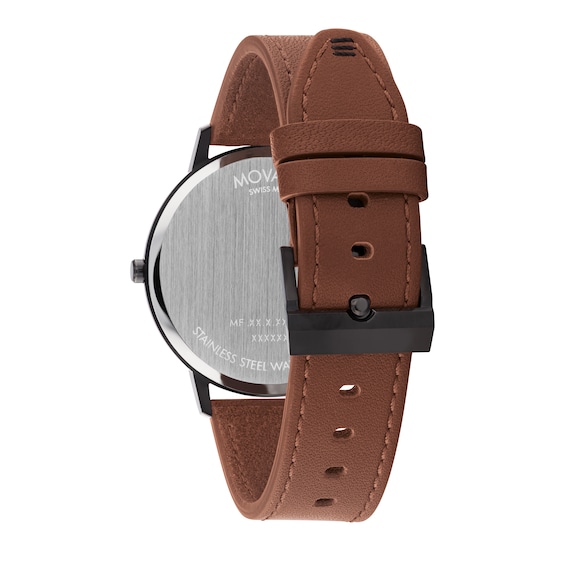 Men's Movado Bold® Face Black IP Stainless Steel Watch with Black Dial and Brown Leather Strap (Model: 3640112)