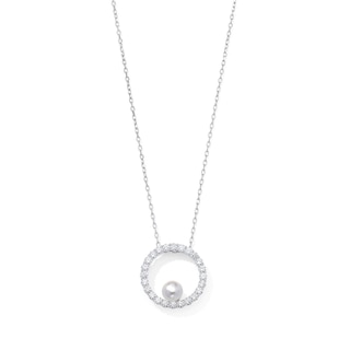 5.0mm Cultured Pearl and 1/2 CT. T.W. Lab-Grown Diamond Circle Necklace in Sterling Silver (F/VS2)