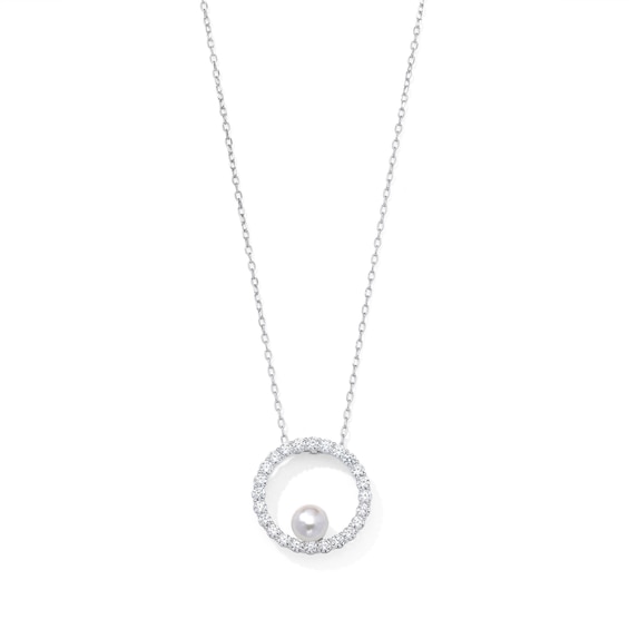 5.0mm Cultured Pearl and 1/2 CT. T.W. Lab-Grown Diamond Circle Necklace in Sterling Silver (F/VS2)