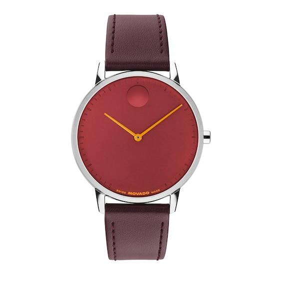 Men's Movado Bold® Face Stainless Steel Watch with Red Dial and Cherry Leather Strap (Model: 3640182)