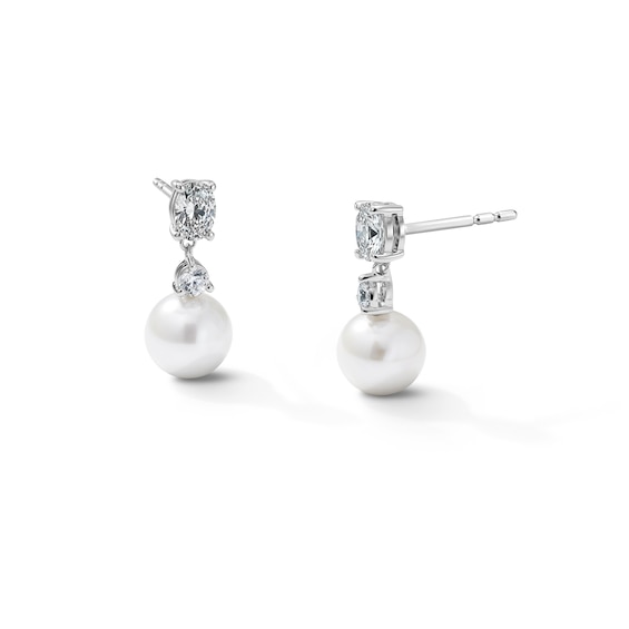 7.0mm Cultured Pearl and 1/2 CT. T.W. Lab-Grown Diamond Drop Earrings in Sterling Silver (F/VS2)