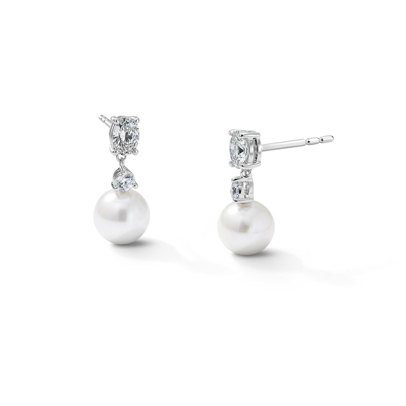 Main Image 1 of 7.0mm Cultured Pearl and 1/2 CT. T.W. Lab-Grown Diamond Drop Earrings in Sterling Silver (F/VS2)