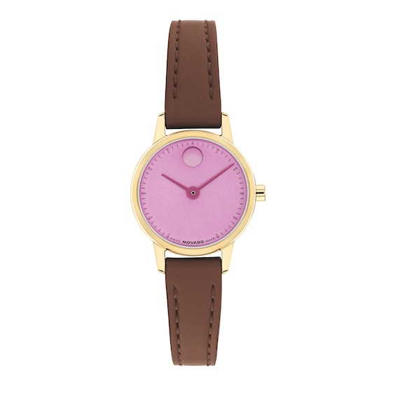 Ladies' Movado Bold® Baby Face Gold-Tone Stainless Steel Watch with Lilac Dial and Brown Leather Strap (Model: 3640211)