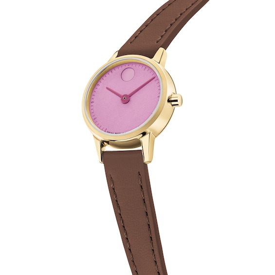 Ladies' Movado Bold® Baby Face Gold-Tone Stainless Steel Watch with Lilac Dial and Brown Leather Strap (Model: 3640211)