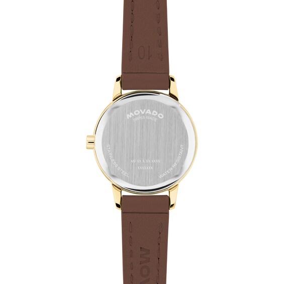 Ladies' Movado Bold® Baby Face Gold-Tone Stainless Steel Watch with Lilac Dial and Brown Leather Strap (Model: 3640211)