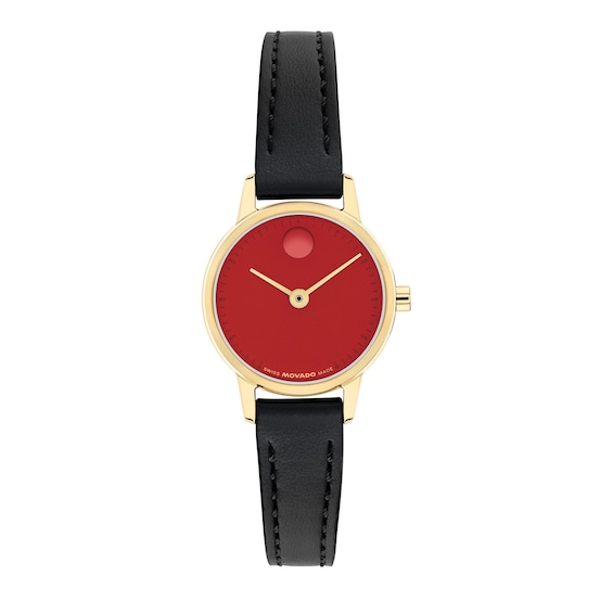 Ladies' Movado Bold® Baby Face Gold-Tone Stainless Steel Watch with Red Dial and Black Leather Strap (Model: 3640212)