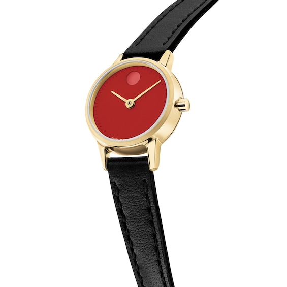 Ladies' Movado Bold® Baby Face Gold-Tone Stainless Steel Watch with Red Dial and Black Leather Strap (Model: 3640212)