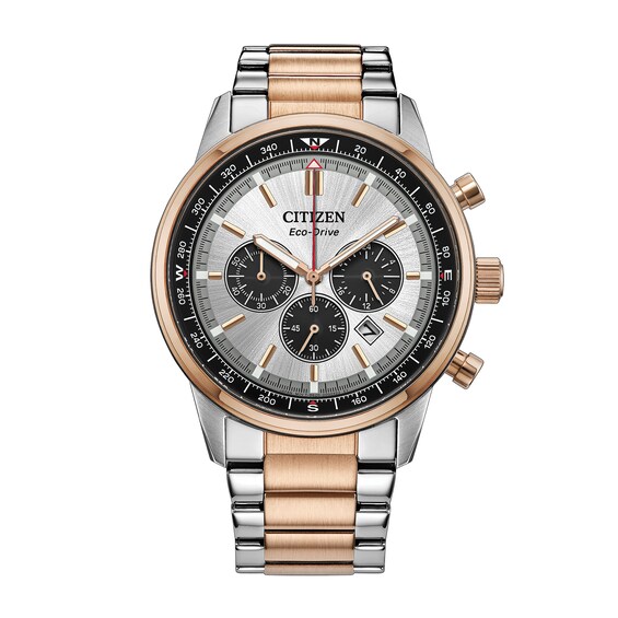 Men's Citizen Eco-Drive® Classic Two-Tone Stainless Steel Chronograph Watch with Silver-Tone Dial (Model: Ca4726-56A)