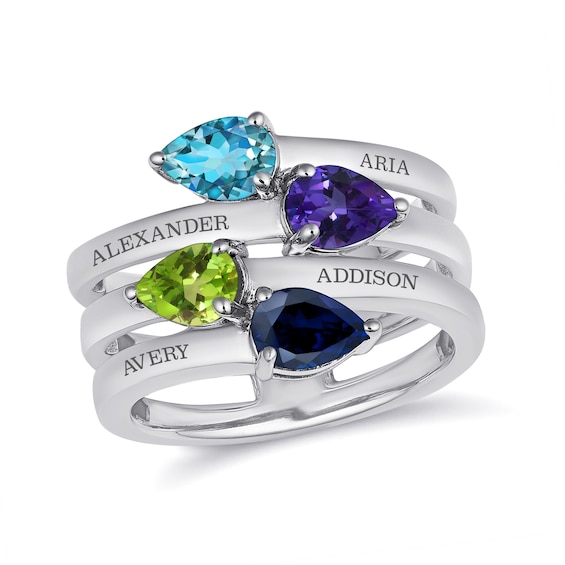 Engravable Pear-Shaped Birthstone Multi-Row Family Ring