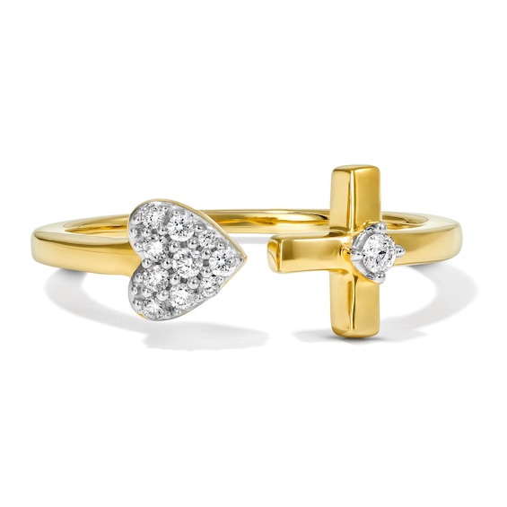 1/10 CT. T.W. Multi-Diamond Heart and Cross Open Ring in Sterling Silver with 14K Gold Plate