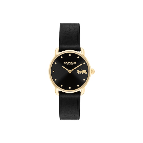 Ladies' Coach Elliot Gold-Tone Stainless Steel Watch with Black Leather Strap (Model: 14504681)
