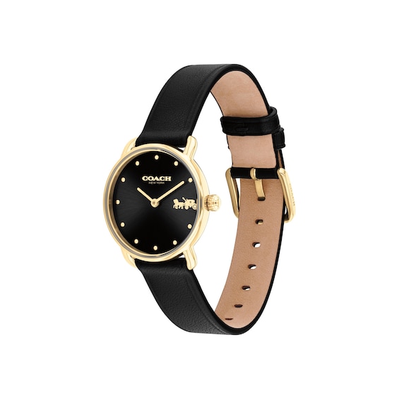 Ladies' Coach Elliot Gold-Tone Stainless Steel Watch with Black Leather Strap (Model: 14504681)