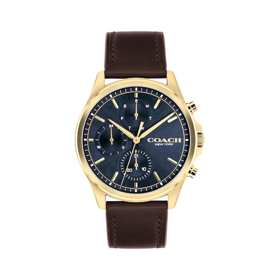 Men's Coach Oliver Gold-Tone Stainless Steel Chronograph Watch with Brown Leather Strap (Model: 14602781)