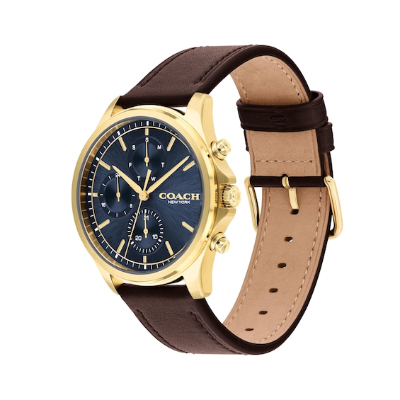 Men's Coach Oliver Gold-Tone Stainless Steel Chronograph Watch with Brown Leather Strap (Model: 14602781)