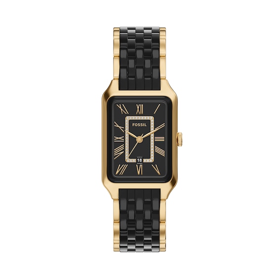 Ladies' Fossil Raquel Black Ceramic and Gold-Tone Stainless Steel Watch with Cubic Zirconia Accents (Model: CE1135)