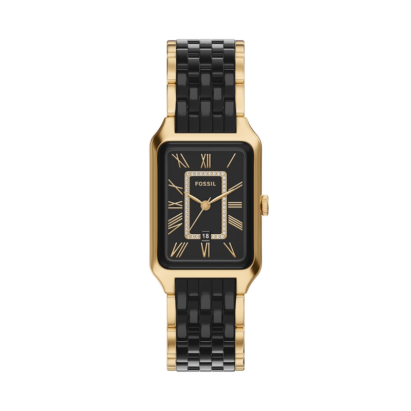 Main Image 1 of Ladies' Fossil Raquel Black Ceramic and Gold-Tone Stainless Steel Watch with Cubic Zirconia Accents (Model: CE1135)