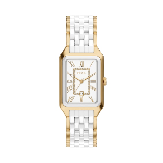 Ladies' Fossil Raquel White Ceramic and Gold-Tone Stainless Steel Watch with Cubic Zirconia Accents (Model: CE1136)