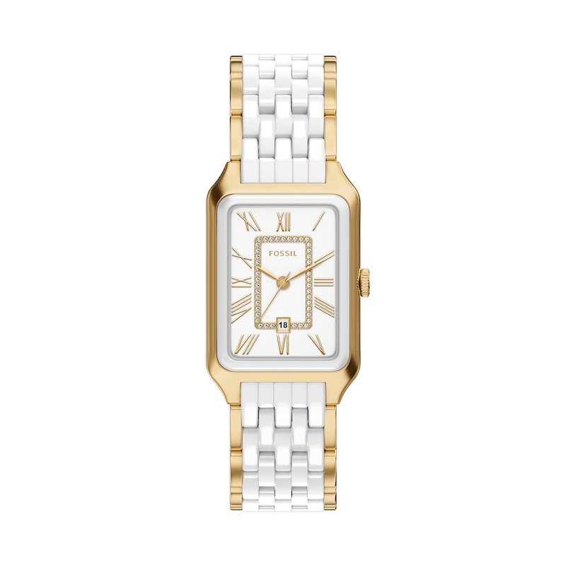 Main Image 1 of Ladies' Fossil Raquel White Ceramic and Gold-Tone Stainless Steel Watch with Cubic Zirconia Accents (Model: CE1136)