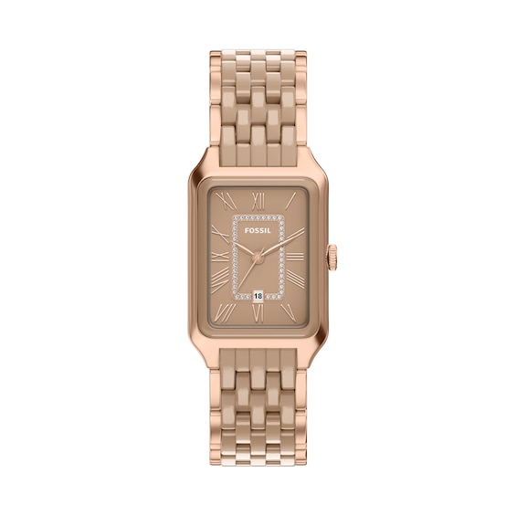 Ladies' Fossil Raquel Caramel Ceramic and Rose-Tone Stainless Steel Watch with Cubic Zirconia Accents (Model: CE1137)