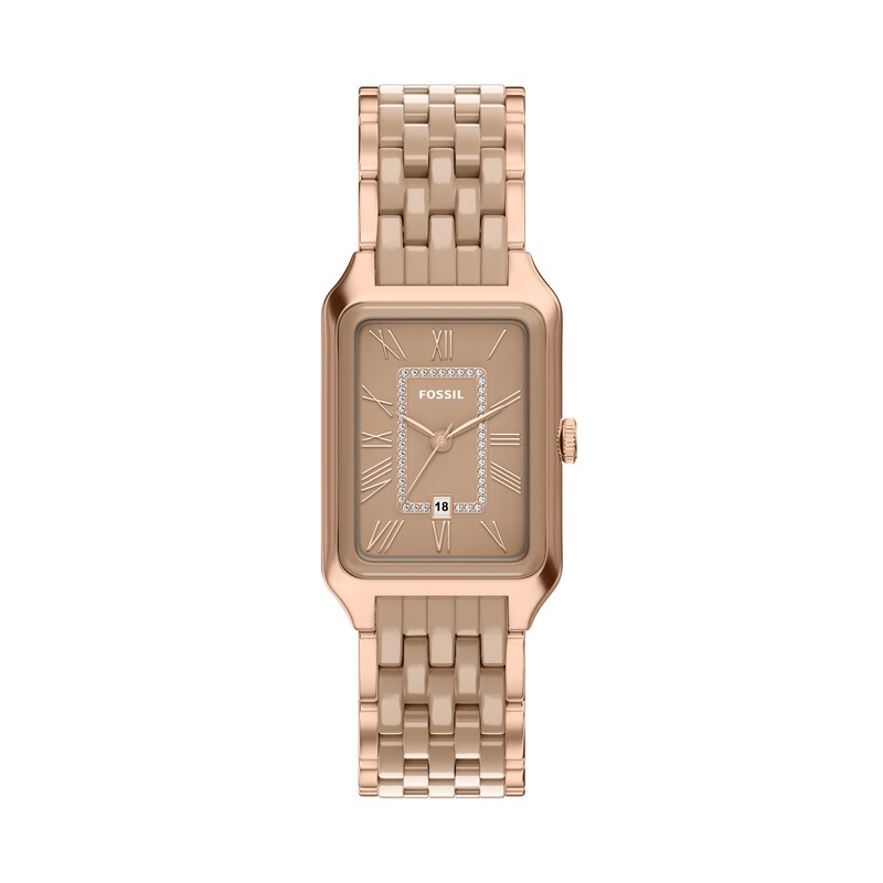 Main Image 1 of Ladies' Fossil Raquel Caramel Ceramic and Rose-Tone Stainless Steel Watch with Cubic Zirconia Accents (Model: CE1137)