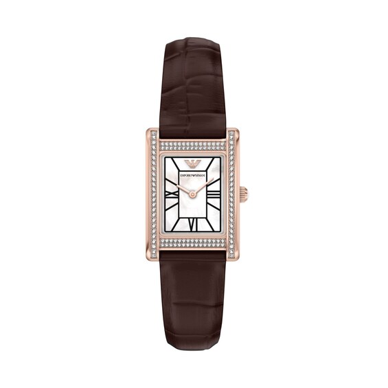 Ladies' Emporio Armani Rose-Tone Stainless Steel Watch with Brown Leather Strap and Crystal Bezel (Model: Ar11804)