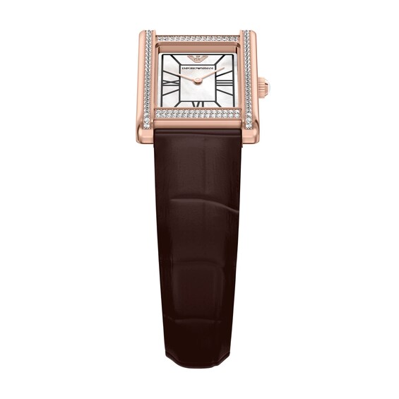 Ladies' Emporio Armani Rose-Tone Stainless Steel Watch with Brown Leather Strap and Crystal Bezel (Model: Ar11804)