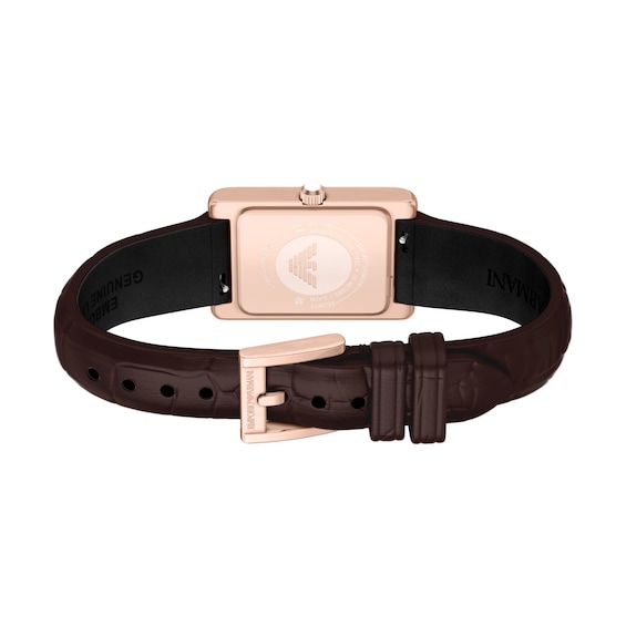 Ladies' Emporio Armani Rose-Tone Stainless Steel Watch with Brown Leather Strap and Crystal Bezel (Model: Ar11804)