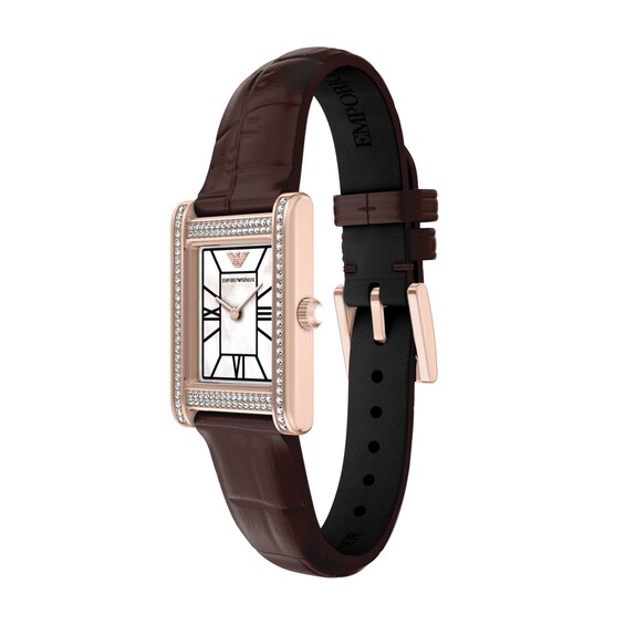 Ladies' Emporio Armani Rose-Tone Stainless Steel Watch with Brown Leather Strap and Crystal Bezel (Model: Ar11804)