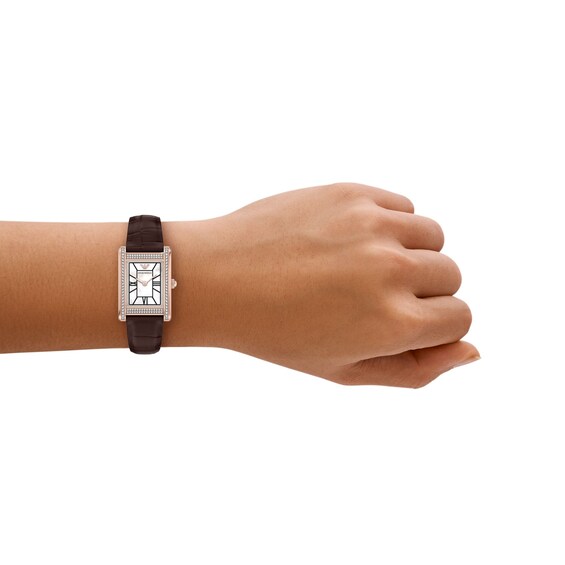 Ladies' Emporio Armani Rose-Tone Stainless Steel Watch with Brown Leather Strap and Crystal Bezel (Model: Ar11804)