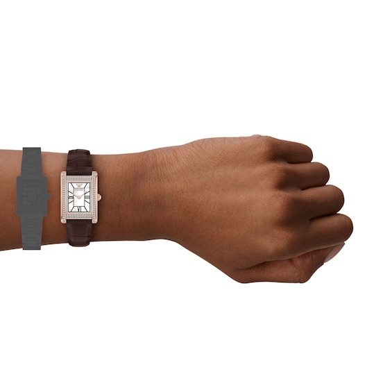 Ladies' Emporio Armani Rose-Tone Stainless Steel Watch with Brown Leather Strap and Crystal Bezel (Model: Ar11804)