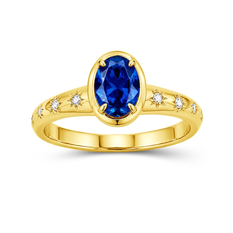 Main Image 1 of Oval Blue and White Lab-Created Sapphire Star Ring in Sterling Silver with 14K Gold Plate