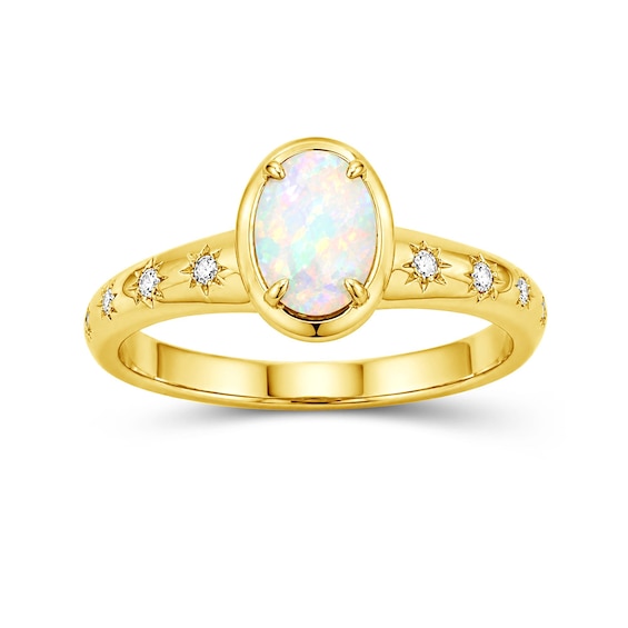 Oval Lab-Created Opal and Lab-Created Sapphire Star Ring in Sterling Silver with 14K Gold Plate