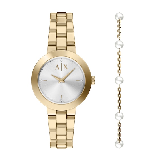 Ladies' Armani Exchange Gold-Tone Stainless Steel Watch Gift Set with Simulated Pearls (Model: AX7185SET)