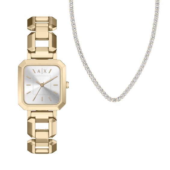 Ladies' Armani Exchange Gold-Tone Stainless Steel Watch and Necklace Gift Set (Model: AX7186SET)