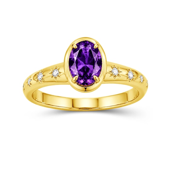 Oval Amethyst and Lab-Created Sapphire Star Ring in Sterling Silver with 14K Gold Plate