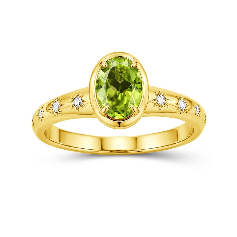 Main Image 1 of Oval Peridot and Lab-Created Sapphire Star Ring in Sterling Silver with 14K Gold Plate