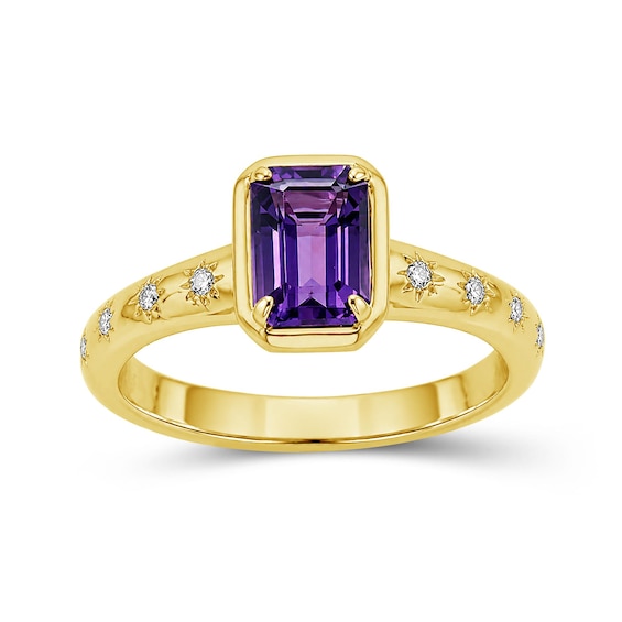 Emerald-Cut Amethyst and Lab-Created Sapphire Star Ring in Sterling Silver with 14K Gold Plate