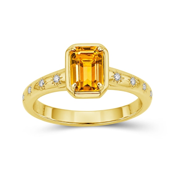 Emerald-Cut Citrine and Lab-Created Sapphire Star Ring in Sterling Silver with 14K Yellow Gold Plate